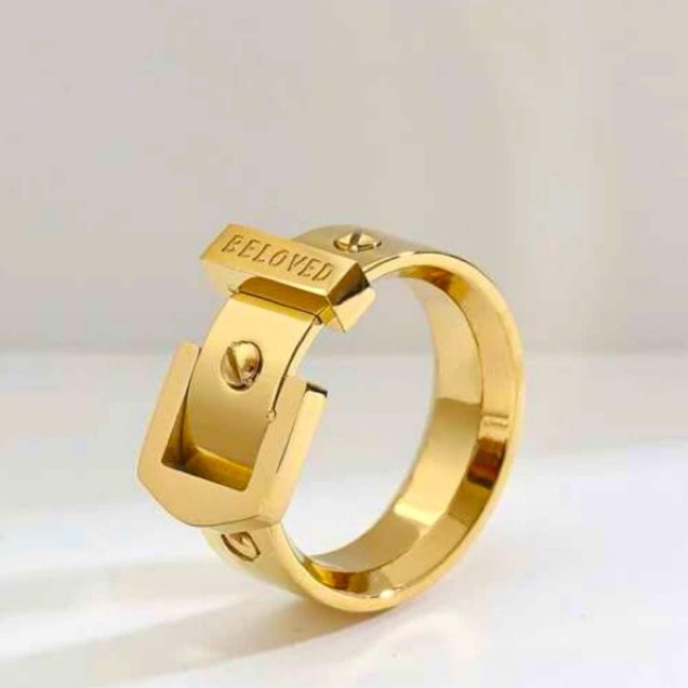 Classic Buckle Ring Inscribed with “BELOVED” in a Gorgeous Goldtone